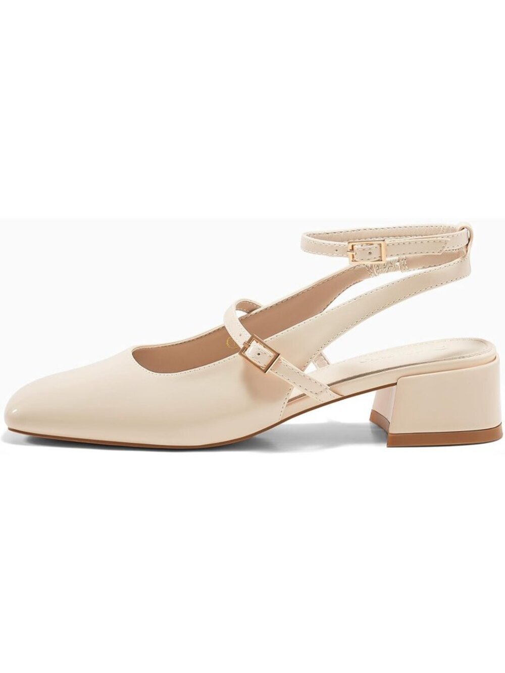 Women's Beige Mary Jane Chunky Low Heel Closed Square Toe Ankle Strap Pump Shoes - Picture 4 of 6